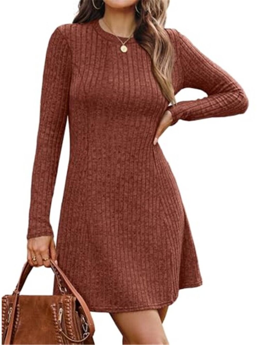Women's Fall Sweater Dress Long Sleeve Crew Neck Casual Knit Dress